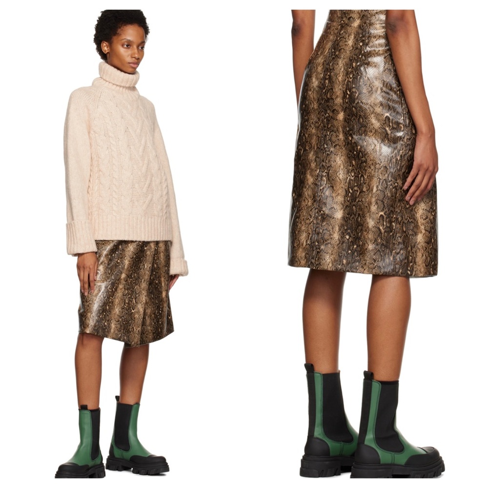 Ganni Brown Snake-Print Leather Midi Skirt